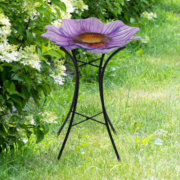 Purple Flower Glass Birdbath - Image 2